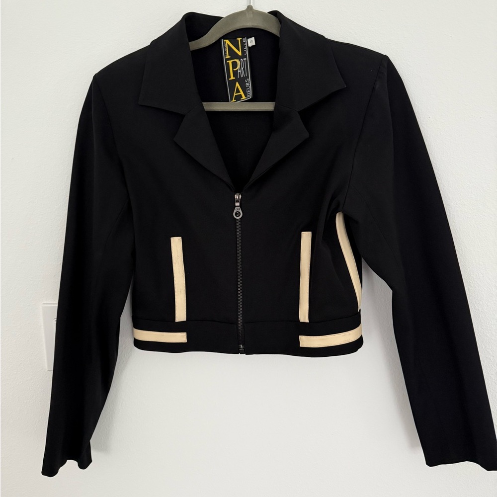 Black Fitted Blazer with Notched Collar and Textured Finish